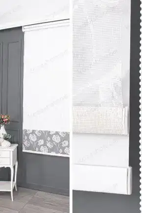 Çift Mekanizmalı Stor Perde Beyaz Örme Çiçek Desen  11 V06