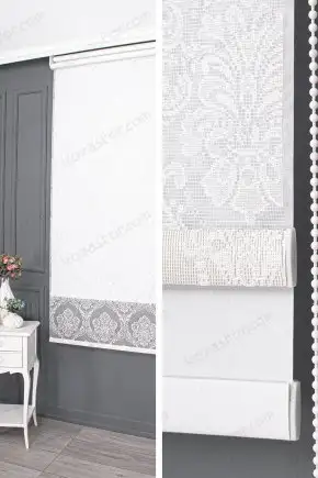 Çift Mekanizmalı Stor Perde Beyaz Örme Damask Desen  11 V28