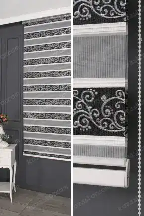 Zebra Perde Siyah Gümüş Simli Sarmaşık Desen